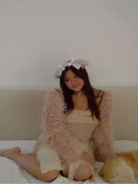 House of CB Ash Pink Feather Marabou Sleeve Jacket